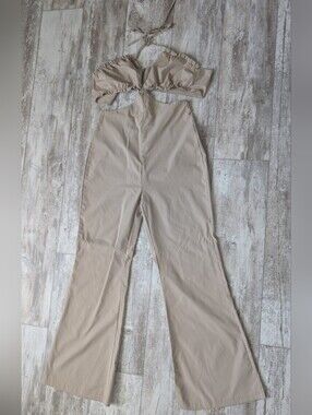 SHEIN Beige Cutout Wide-Leg Jumpsuit